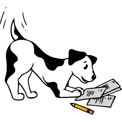 A cartoon dog looking at some sheets of paper