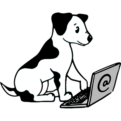 A cartoon dog composing an email at a computer