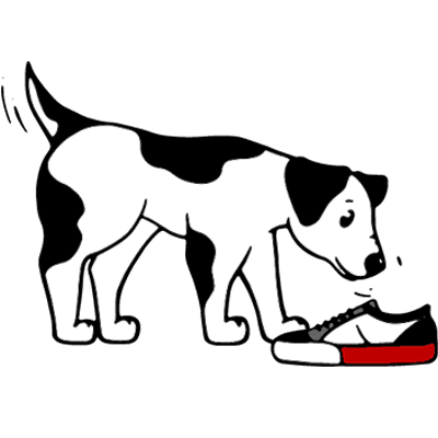 A cartoon dog sniffing a shoe